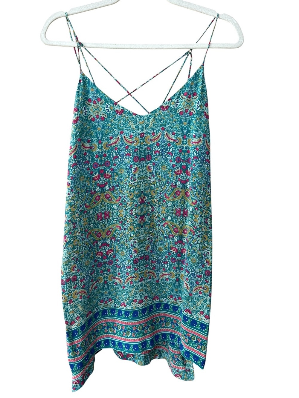 Anthropologie Maeve Meret Silk Mini Dress Tunic Boho Paisley Teal Strappy Sz 6